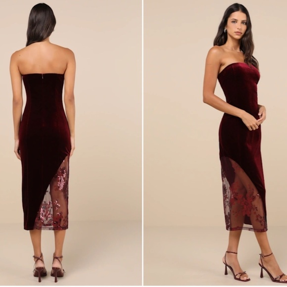 LULUS Sexy Prom Wedding Holiday Elegant Chic Shimmer Velvet Cocktail Midi - Picture 4 of 5